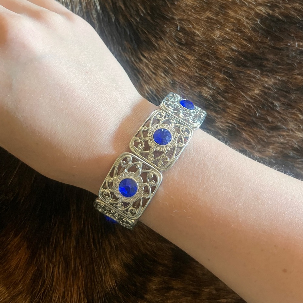 Silver Filigree Bracelet with Blue Gemstone Accents